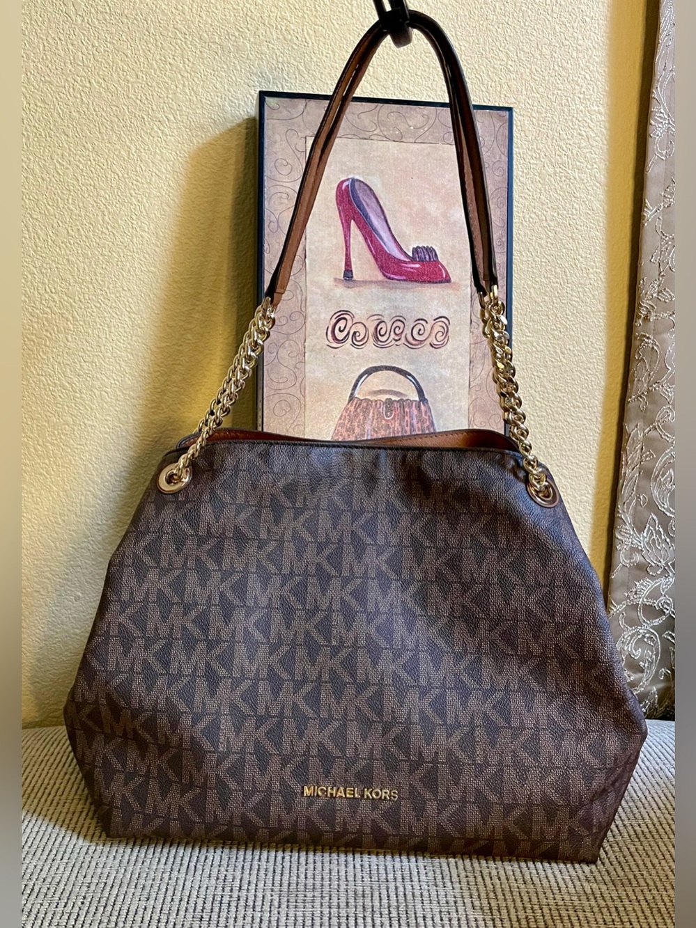 Michael by Michael Kors Brown MK Logo Shoulder Bag with Gold Chain Straps